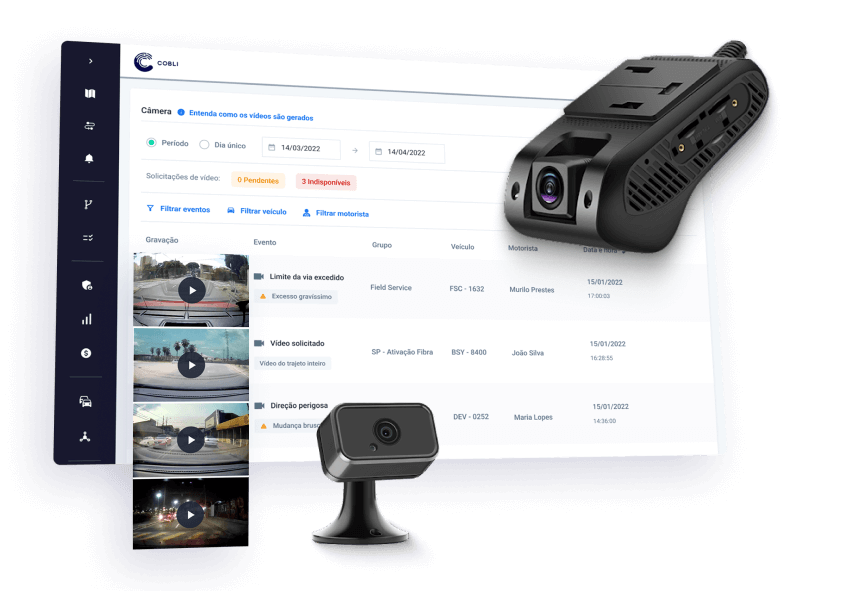 Dispositivo de videotelemetria da Cobli ao lado de uma foto do sistema