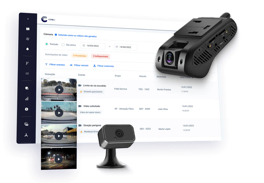 Dispositivo de videotelemetria da Cobli ao lado de uma foto do sistema