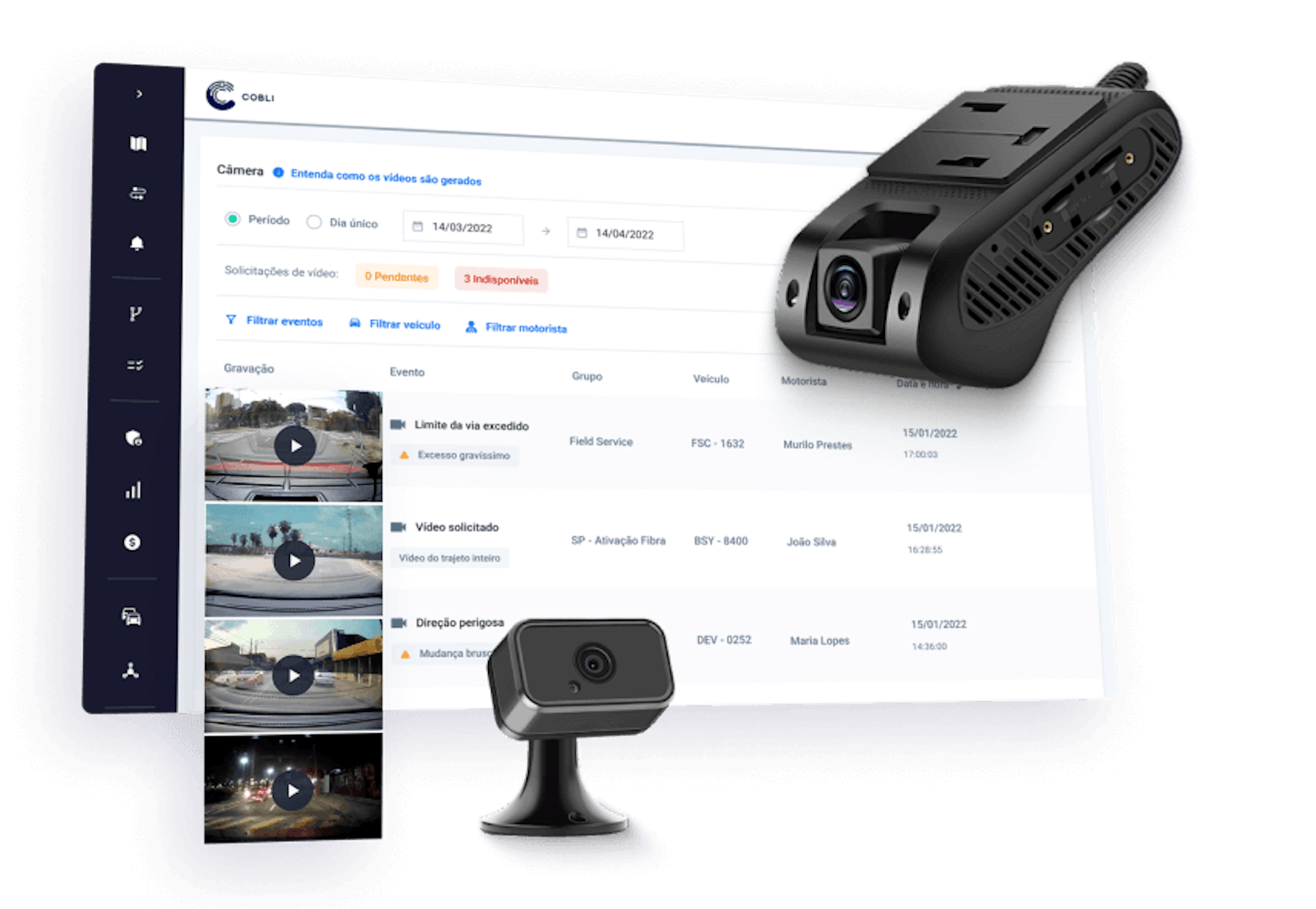 Dispositivo de videotelemetria da Cobli ao lado de uma foto do sistema