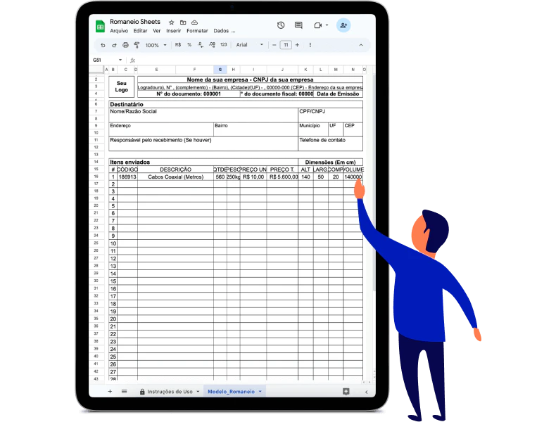 Tablet mostrando a planilha do modelo de romaneio da Cobli.