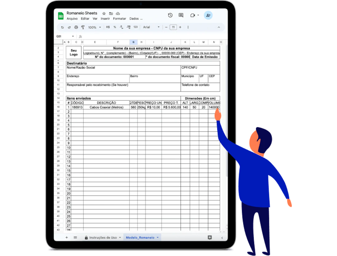 Tablet mostrando a planilha do modelo de romaneio da Cobli.