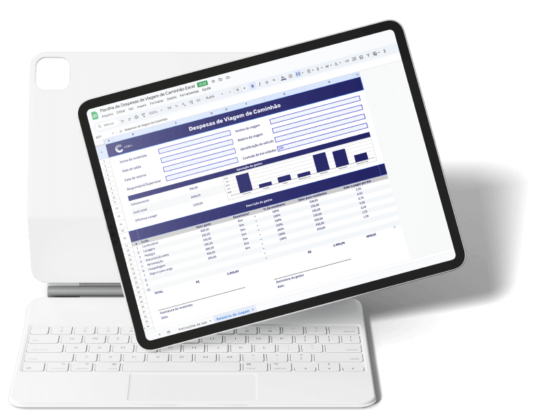 Tablet mostrando a planilha de despesas de viagem de caminhão da Cobli.