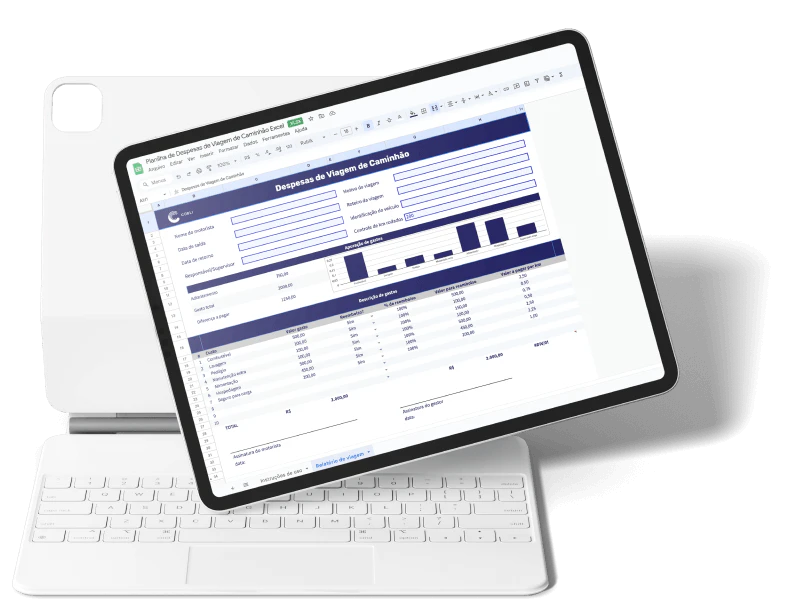 Tablet mostrando a planilha de despesas de viagem de caminhão da Cobli.