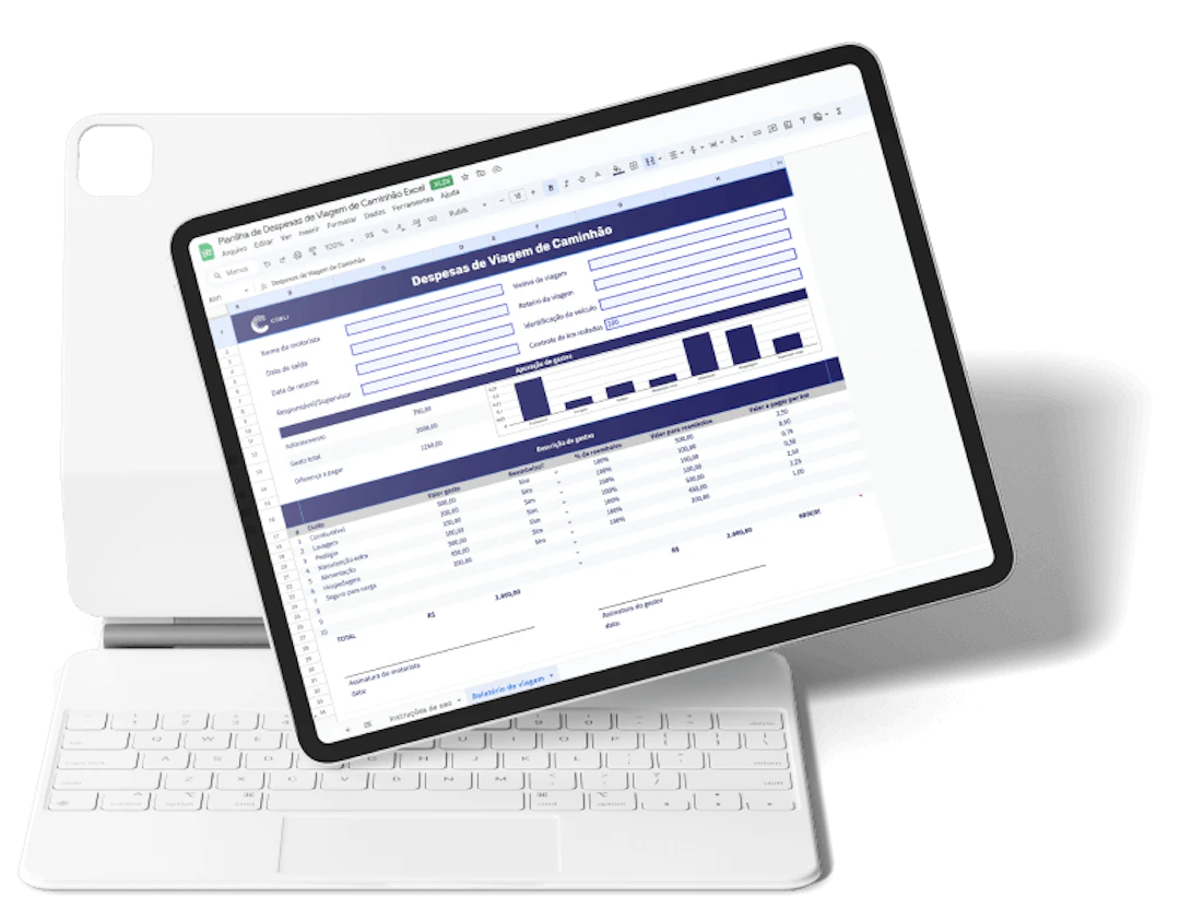 Tablet mostrando a planilha de despesas de viagem de caminhão da Cobli.