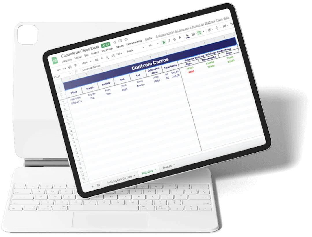 Tablet mostrando a planilha de controle de pneus da Cobli