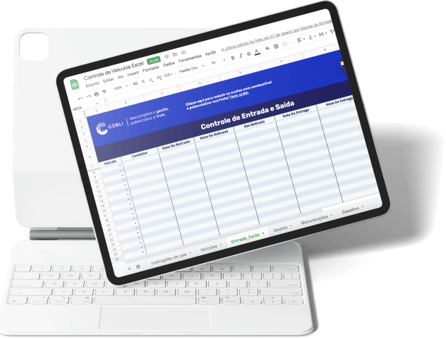Tablet mostrando a planilha de controle diário de veículos da Cobli.