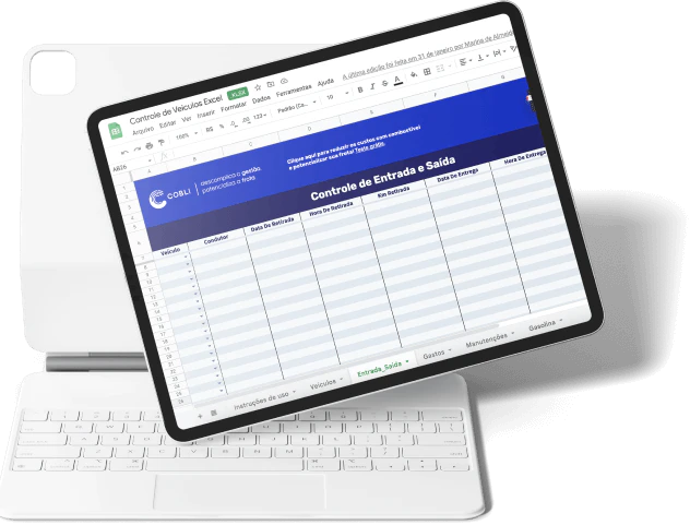Tablet mostrando a planilha de controle diário de veículos da Cobli.