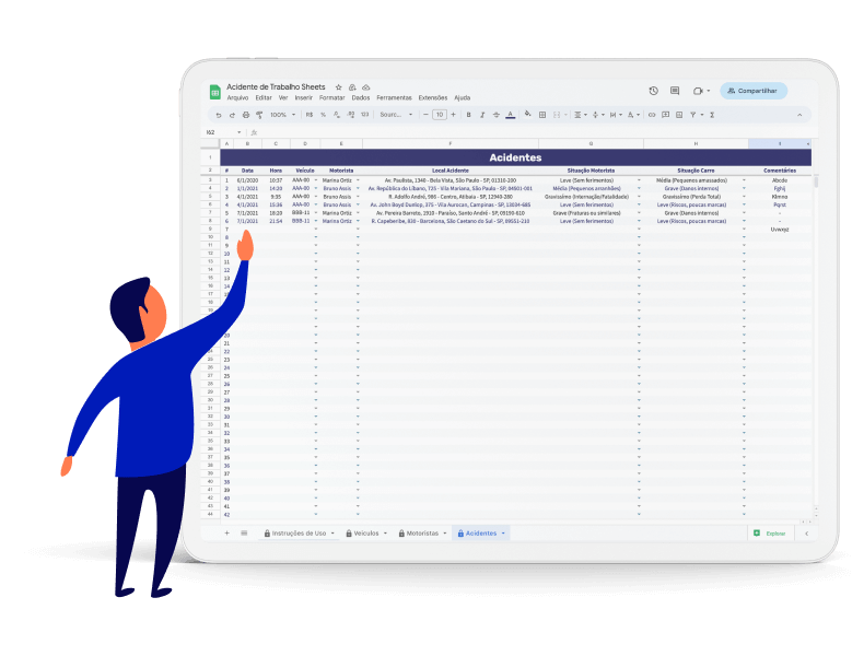 Tablet mostrando a planilha de controle acidentes de trabalho da Cobli.