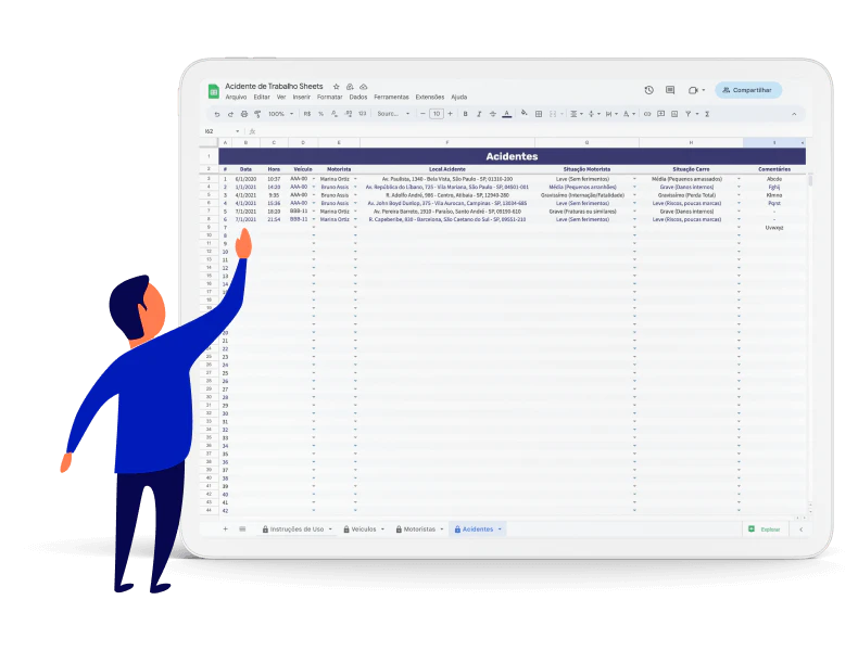 Tablet mostrando a planilha de controle acidentes de trabalho da Cobli.