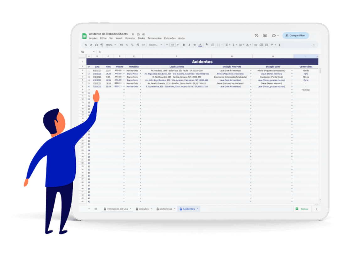 Tablet mostrando a planilha de controle acidentes de trabalho da Cobli.