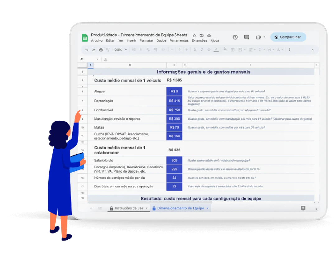 Exemplo de um tablet mostrando a Planilha de Dimencionamento de equipes da Cobli.