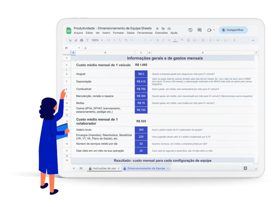 Exemplo de um tablet mostrando a Planilha de Dimencionamento de equipes da Cobli.
