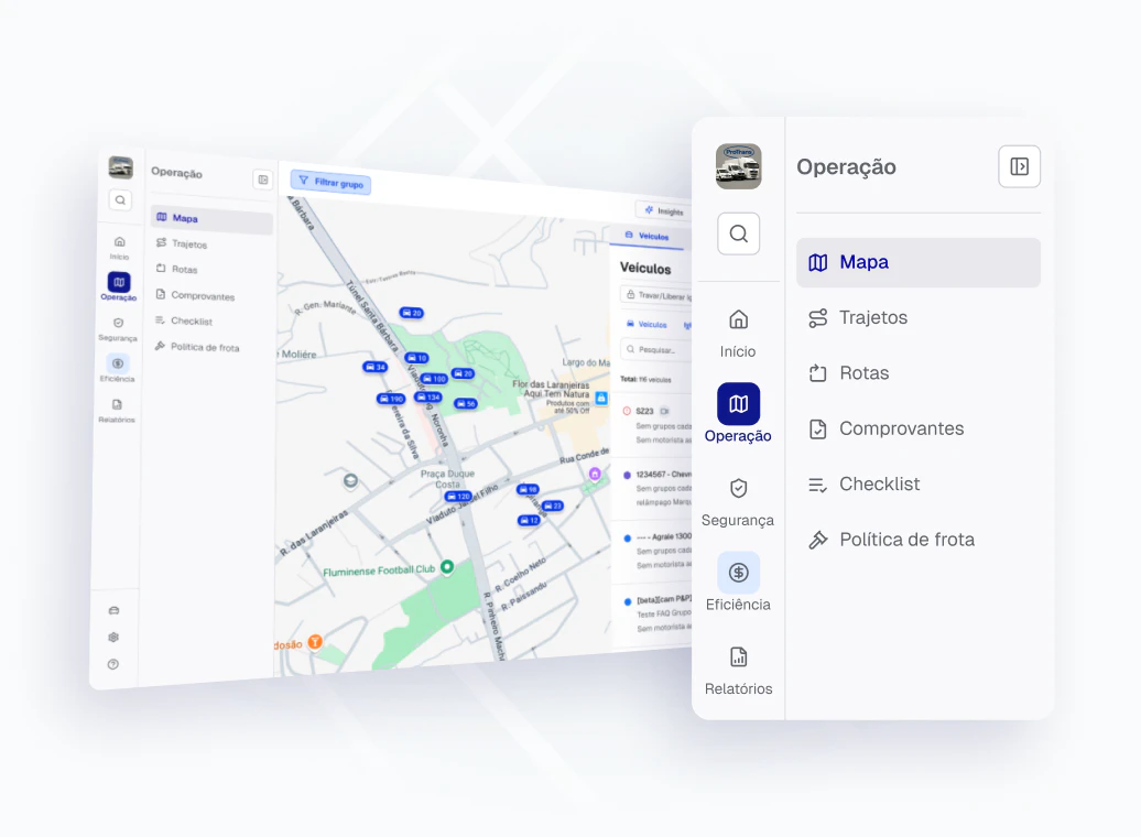Imagem em perspectiva do painel da Cobli, mostrando em destaque a nova sidebar de navegação.