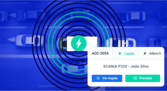 Caminhão com sinal de telemetria em destaque em meio a outras faixas de tráfego. Interface exibe dados como placa (AOC-2054), status ligado, velocidade (60 km/h) e nome do condutor (João Silva), além de botões “Ver trajeto” e “Previsão”. Representa monitoramento em tempo real e previsão de entrega com tecnologia de rastreamento veicular.