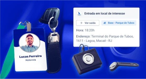 Chave, crachá e dispositivos de identificação de motorista ao lado de alerta de entrada em local de interesse, com dados de horário (18h20) e endereço (Terminal do Parque de Tubos, Macaé-RJ). A imagem representa controle de acesso por iButton, identificação de condutores e rastreamento de presença em pontos estratégicos da operação logística.