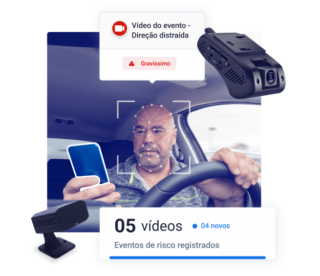 Motorista utilizando celular ao volante enquanto é monitorado por sistema de videotelemetria com reconhecimento facial. Alerta indica evento gravíssimo de “direção distraída”, com registro de 5 vídeos de risco, sendo 4 novos. Câmeras embarcadas destacadas reforçam o monitoramento em tempo real para aumentar a segurança da frota.