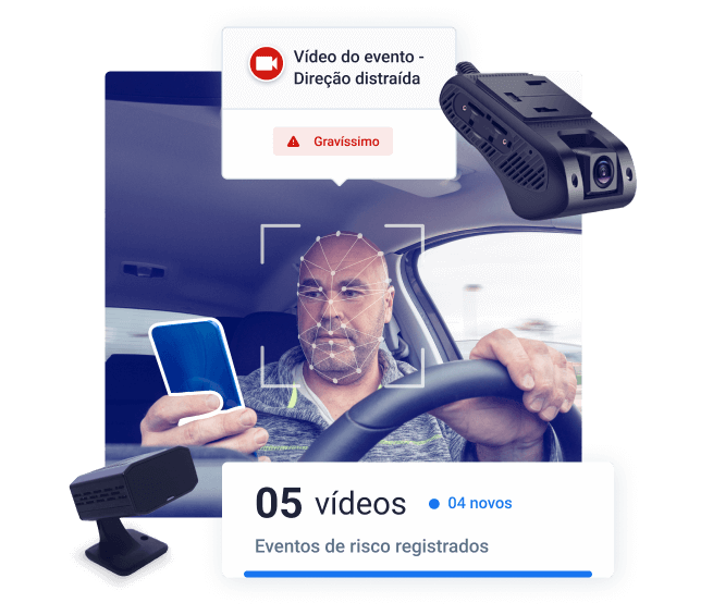 Motorista utilizando celular ao volante enquanto é monitorado por sistema de videotelemetria com reconhecimento facial. Alerta indica evento gravíssimo de “direção distraída”, com registro de 5 vídeos de risco, sendo 4 novos. Câmeras embarcadas destacadas reforçam o monitoramento em tempo real para aumentar a segurança da frota.