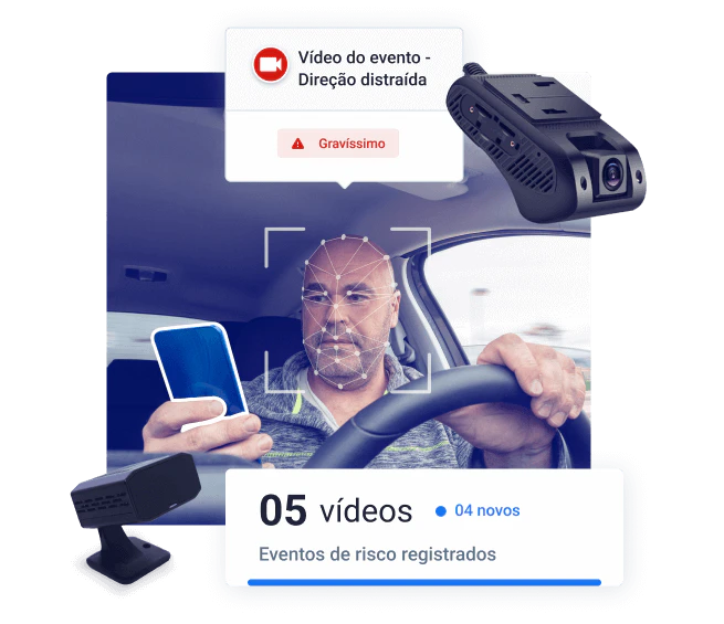 Motorista utilizando celular ao volante enquanto é monitorado por sistema de videotelemetria com reconhecimento facial. Alerta indica evento gravíssimo de “direção distraída”, com registro de 5 vídeos de risco, sendo 4 novos. Câmeras embarcadas destacadas reforçam o monitoramento em tempo real para aumentar a segurança da frota.