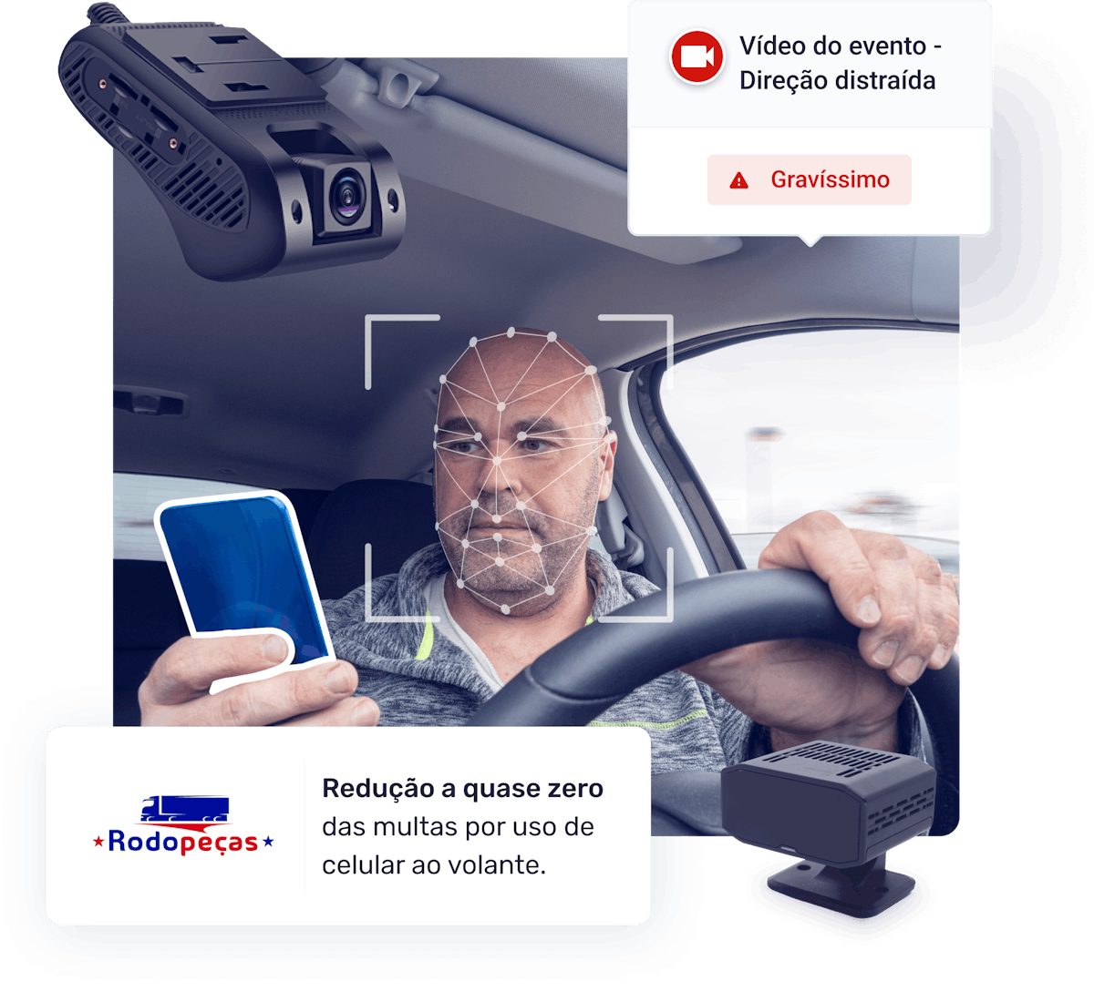 Homem dirigindo veículo distraído com celular em mãos e câmera veicular capturando a distração.