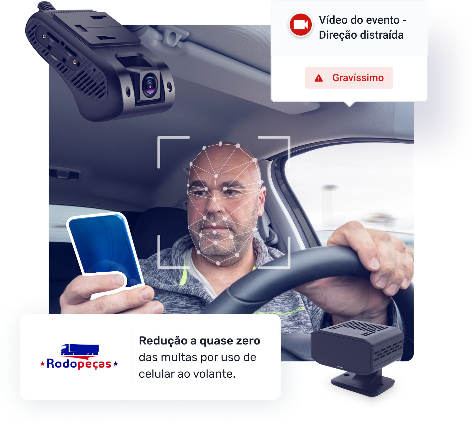 Homem dirigindo veículo distraído com celular em mãos e câmera veicular capturando a distração.