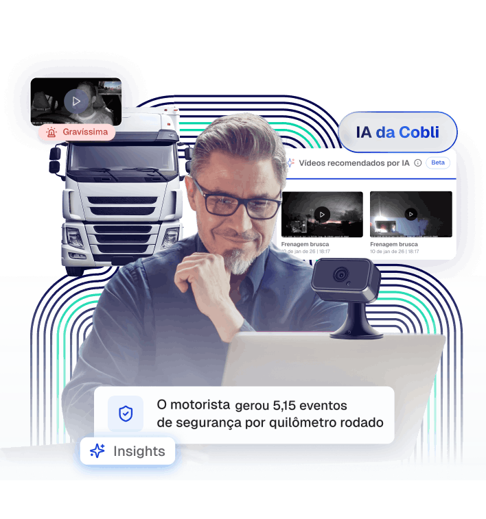 Montagem sobre gestão de frotas com IA da Cobli mostrando um gestor analisando dados em um laptop, um caminhão branco e interface de videotelemetria com alertas de segurança e frenagem brusca.
