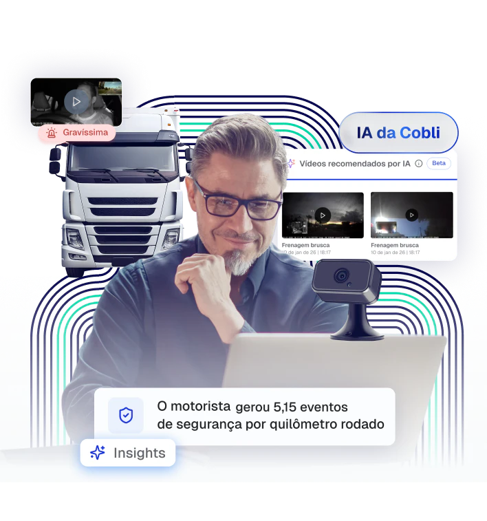 Montagem sobre gestão de frotas com IA da Cobli mostrando um gestor analisando dados em um laptop, um caminhão branco e interface de videotelemetria com alertas de segurança e frenagem brusca.