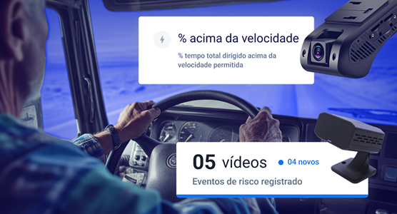 Visão do motorista em cabine de caminhão com interface de IA monitorando excesso de velocidade e registrando vídeos de eventos de risco.