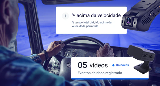 Visão do motorista em cabine de caminhão com interface de IA monitorando excesso de velocidade e registrando vídeos de eventos de risco.