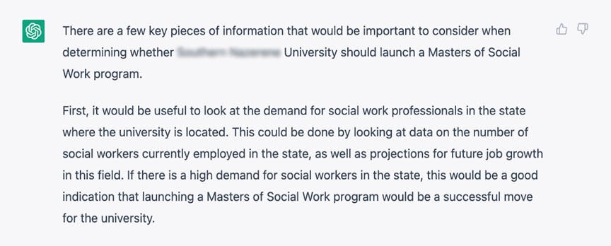 Screenshot of ChatGPT providing information about launching a Masters of Social Work program. 