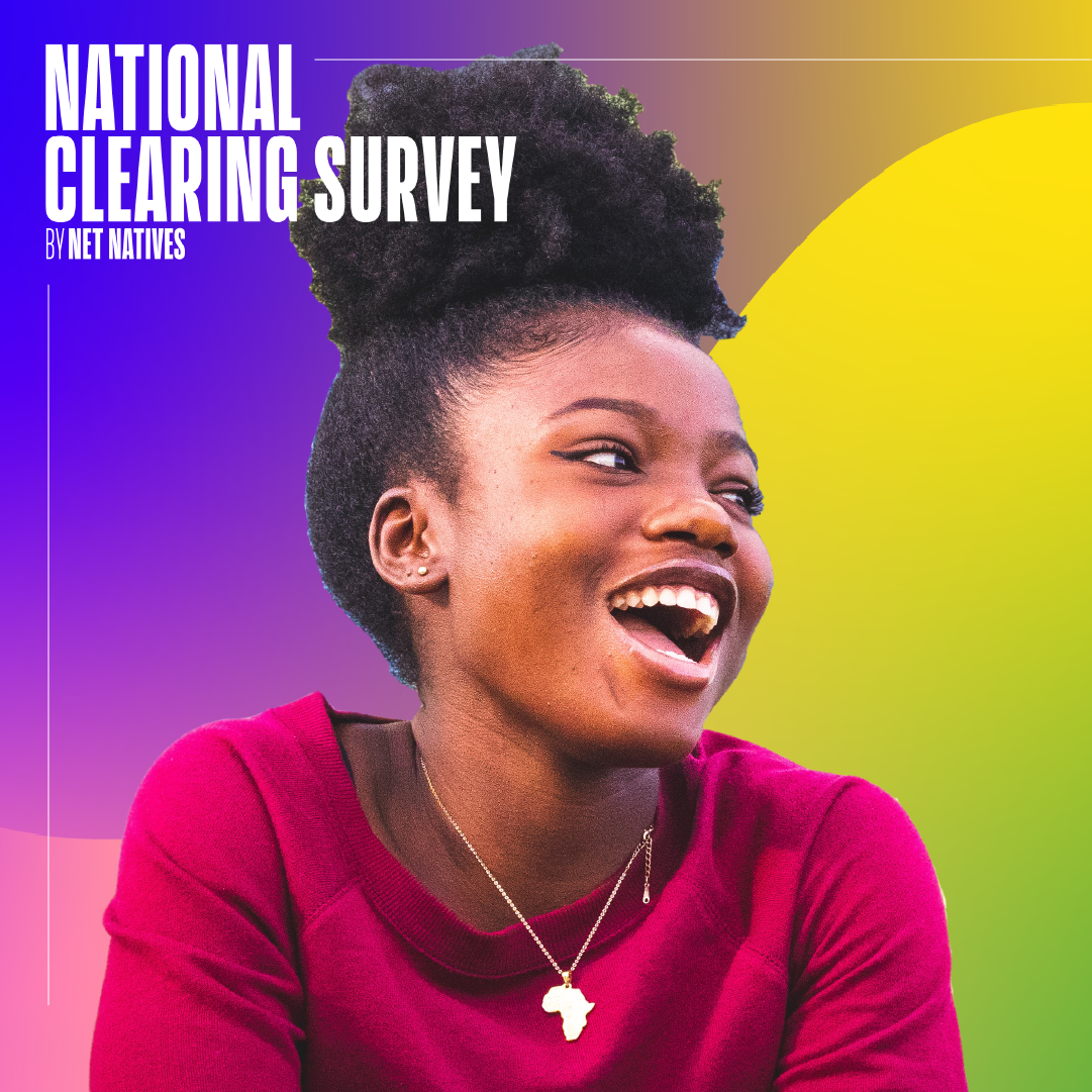 Girl laughing on a rainbow background, with the National Clearing Survey by Net Natives logo over the top.