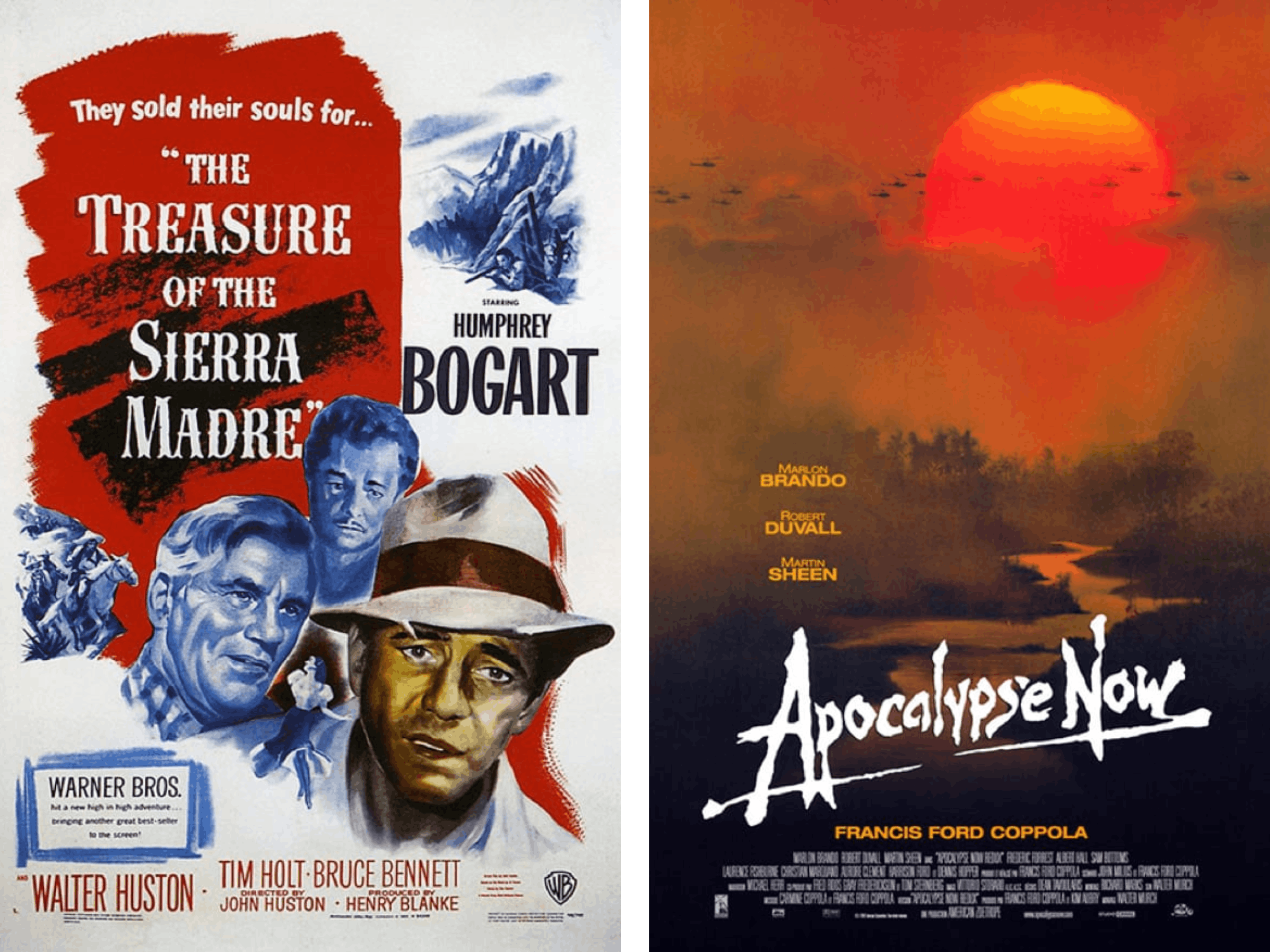 Film posters for The Treasure of the Sierra Madre and Apocalypse Now