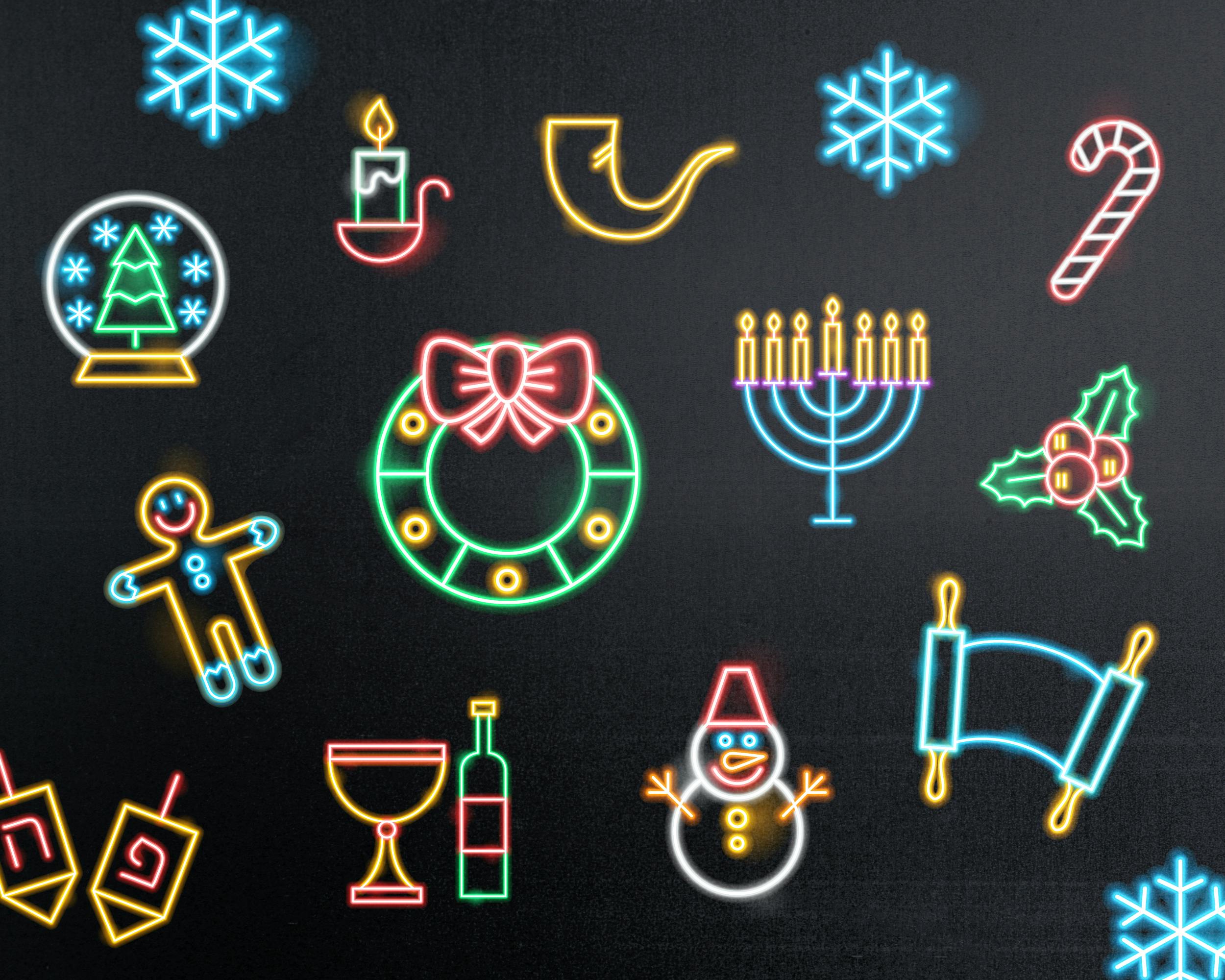 Some neon-lit holiday images dot a black background.