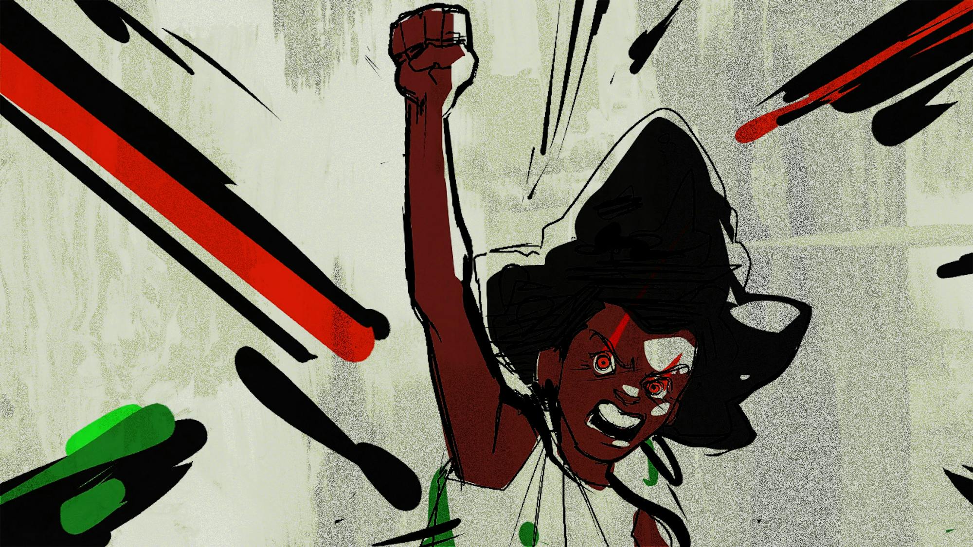 An illustration by Amber L. Jones shows an individual holding up a fist, an expression of anger and determination on their face. In the film, the animation accompanies narration that lists a series of questions a mother asks about her Black child in America: “May I fight for her name without slander or harm?”