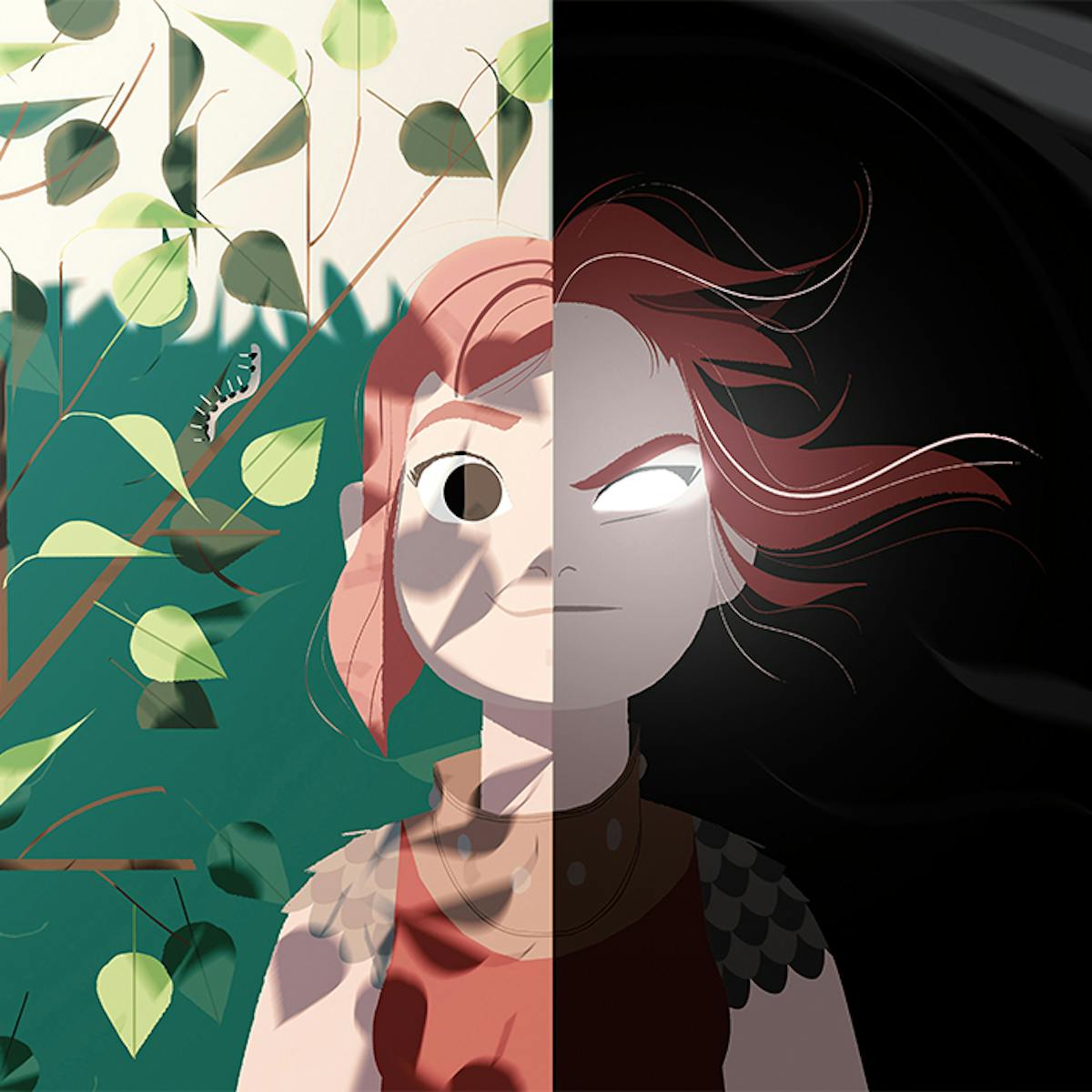 Nimona’s (Chloë Grace Moretz) face is split — between a dark and stormy scene and a bright and sunny one. The duality!