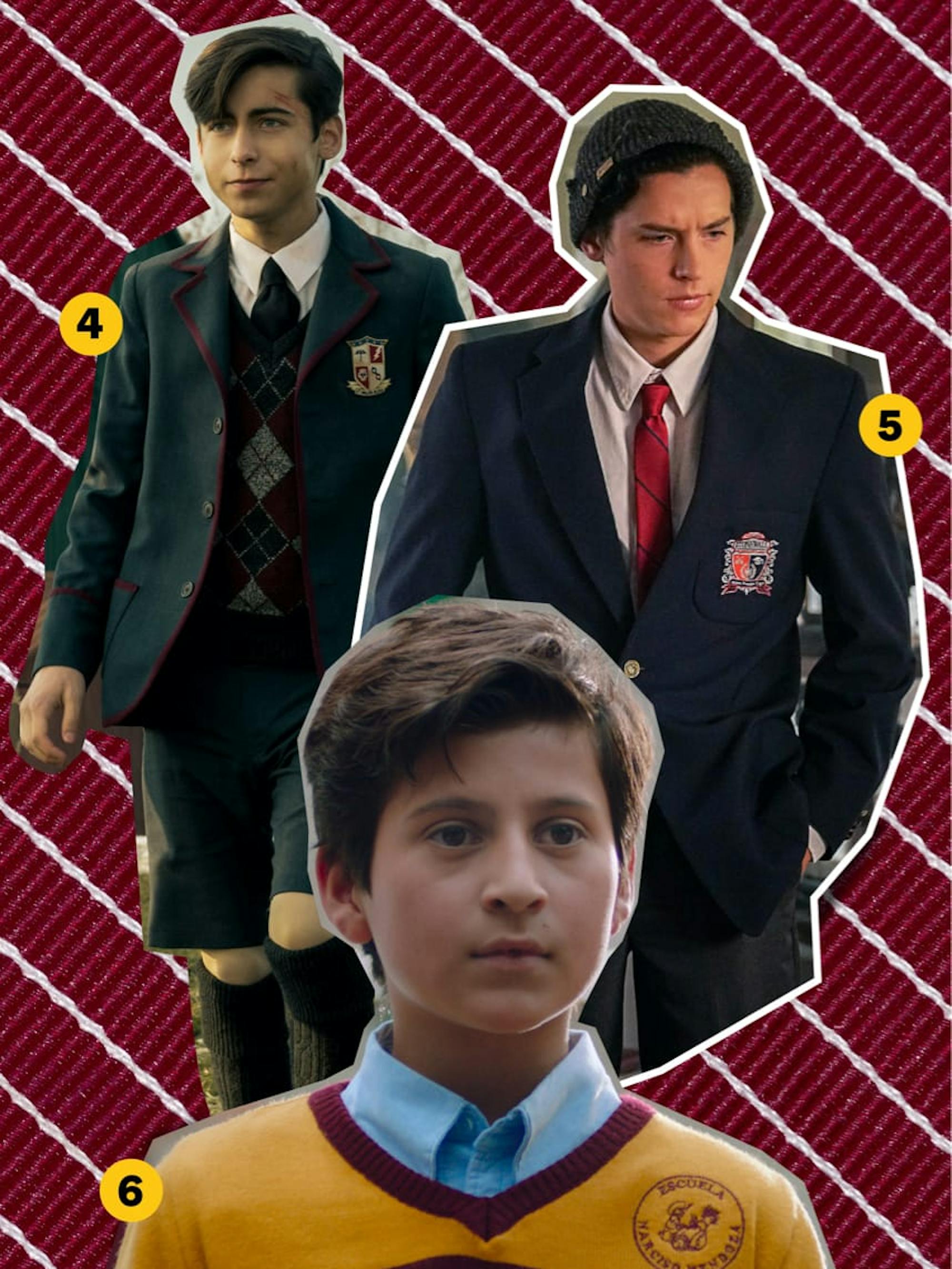 Clockwise: Aidan Gallagher (The Umbrella Academy), Cole Sprouse (Riverdale), and Hánssel Casillas (All the Freckles in the World) are cut out and collaged over a red and white striped, textured background. They don their school uniforms; Aidan and Cole’s include blazers with their school crests, and Hánssel’s is a yellow v-neck sweater with red trim and detail over a light blue collared shirt.