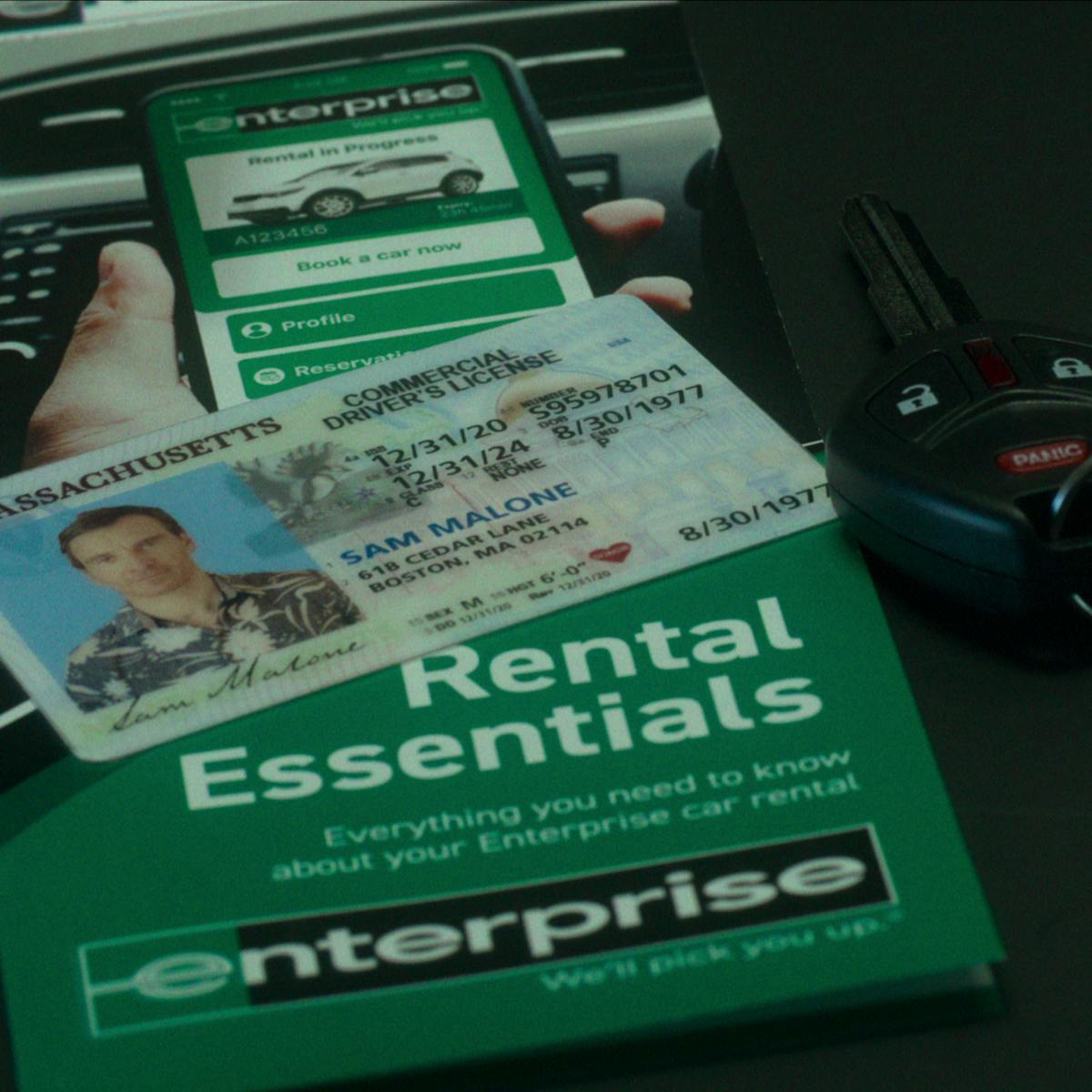 A fake Sam Malone Massachusetts driver’s license at Enterprise. 