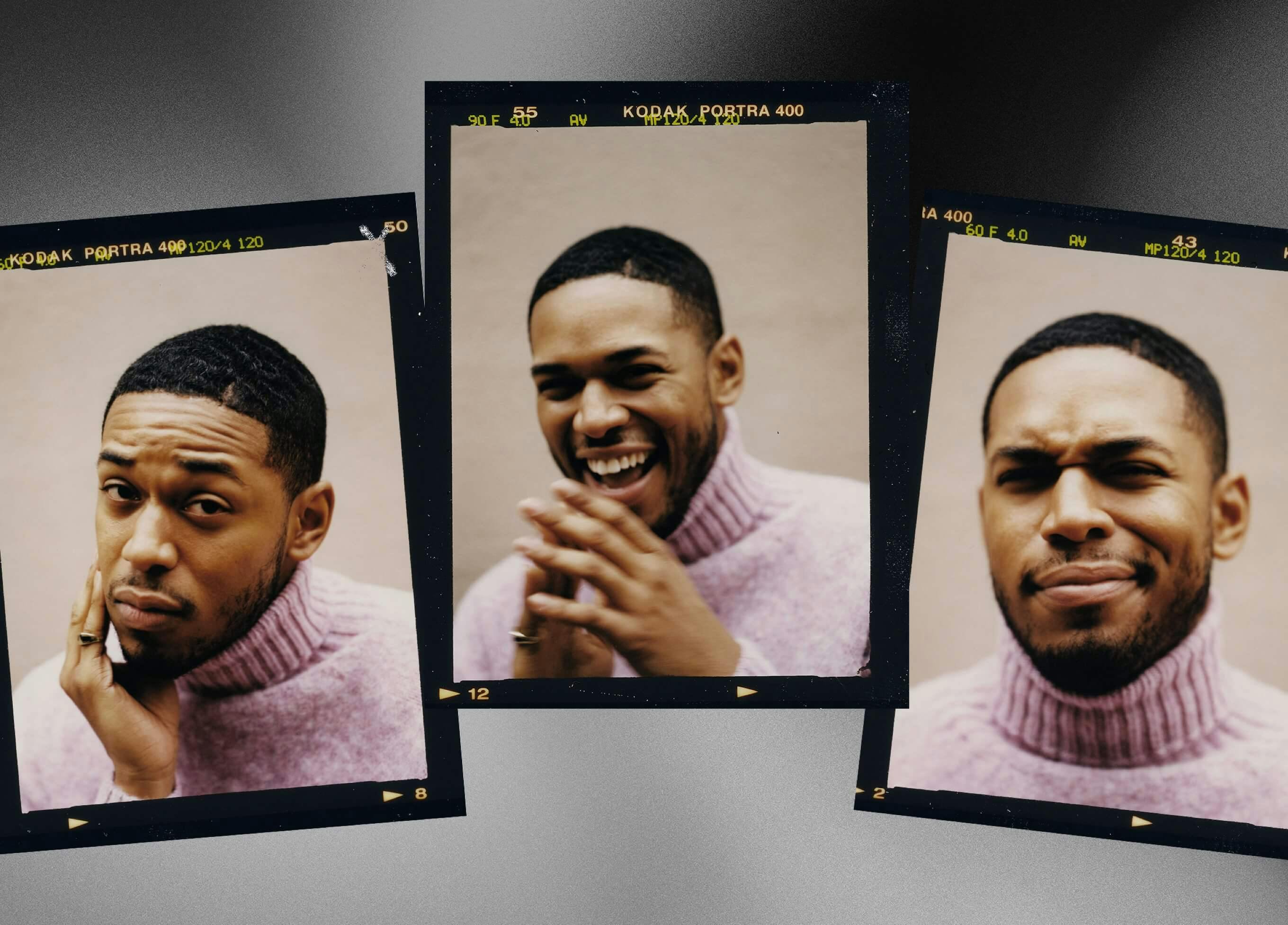 The actor in a set of three polaroids. He wears a pink turtleneck and makes a series of charismatic faces. 