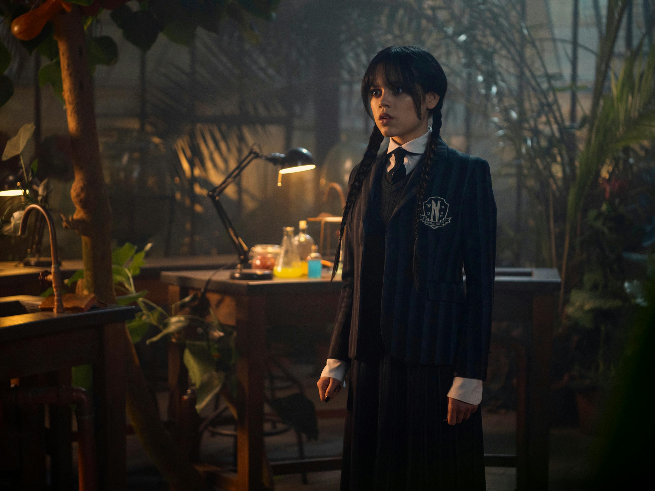 Wednesday Addams (Jenna Ortega) wears her school uniform and stands in a dark, greenery-filled room. What mystery is she solving now?