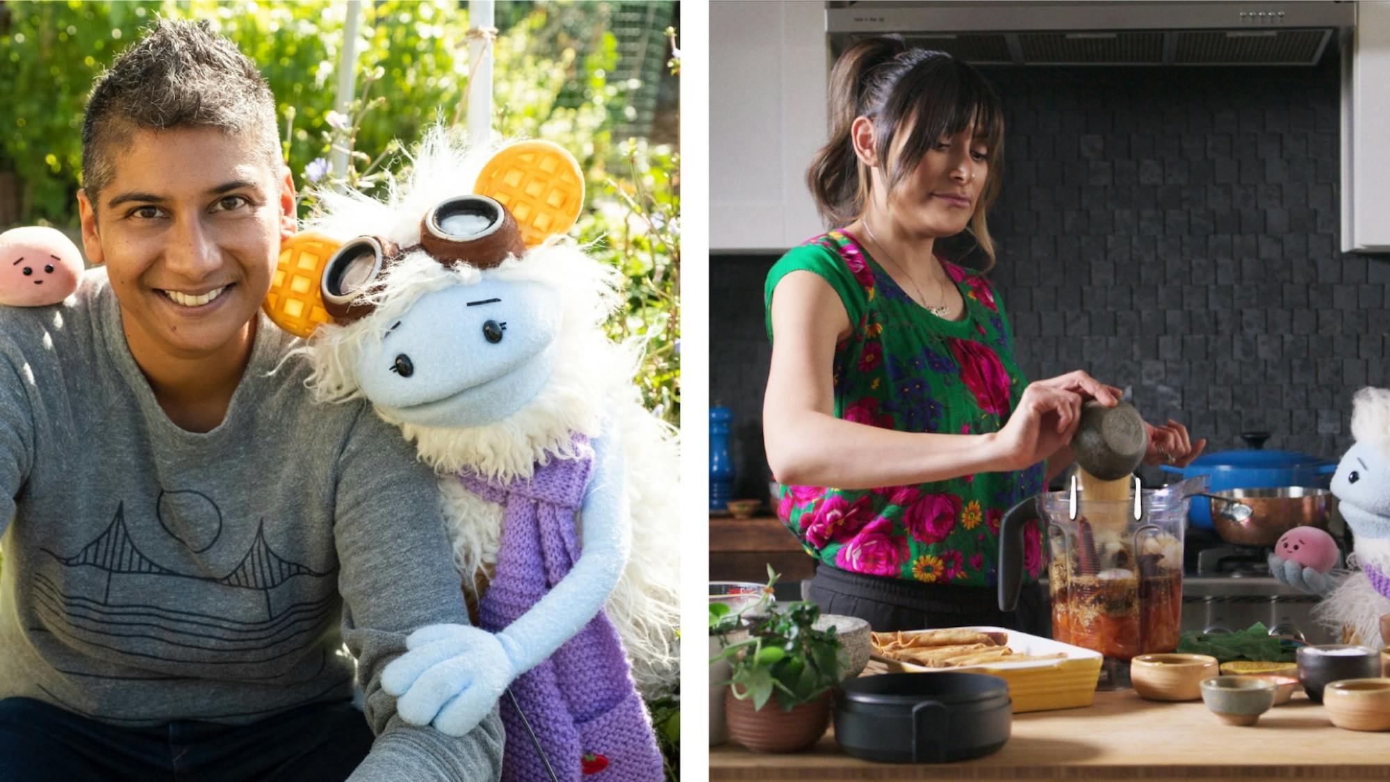 Two side-by-side images of Mistry and Lopez with the puppets. Mistry is posed in a green, outdoor setting, with Mochi on their shoulder and Waffles leaning affectionately on their arm. Lopez is pictured in her segment from the series, cooking mole coloradito with the puppets. She pours some ingredients into a blender, while Waffles and Mochi look on. 