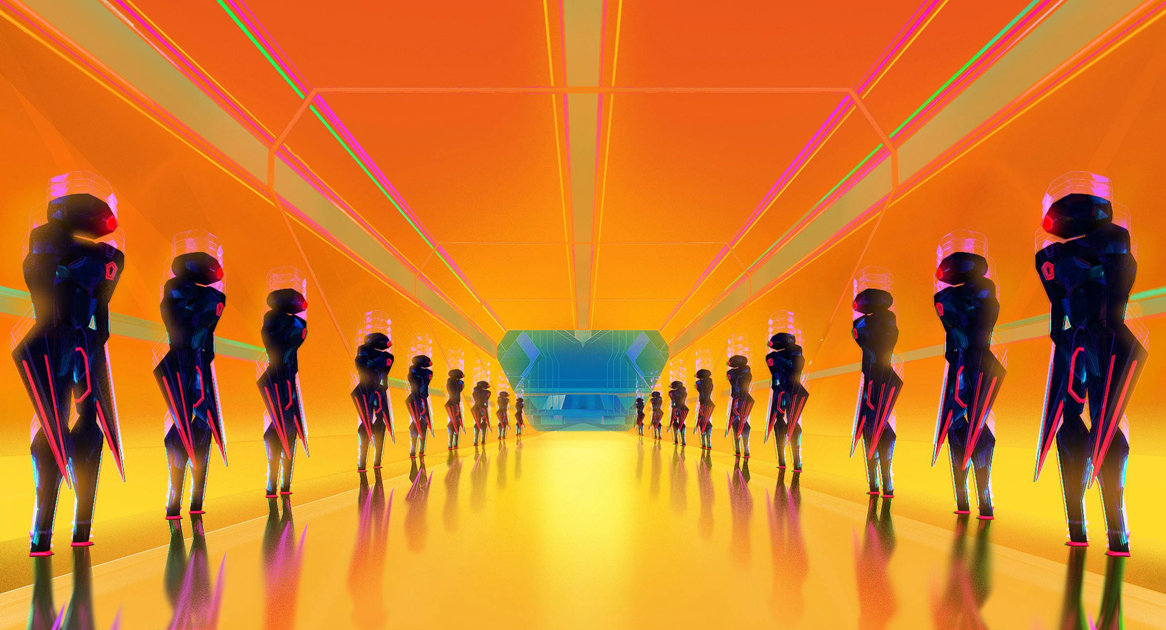 Two lines of robots face off in a bright orange and yellow hallway. 