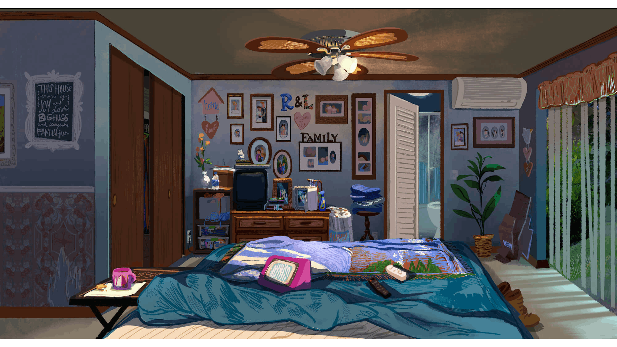 A bedroom from the perspective of the bed. There is a teal bed cover, brown boots, a potted plant, a fan, a wall air conditioner, a dresser on which sits a TV, and the walls are covered with picture frames. The details (a coffee mug on the bedside table) make this scene believable.