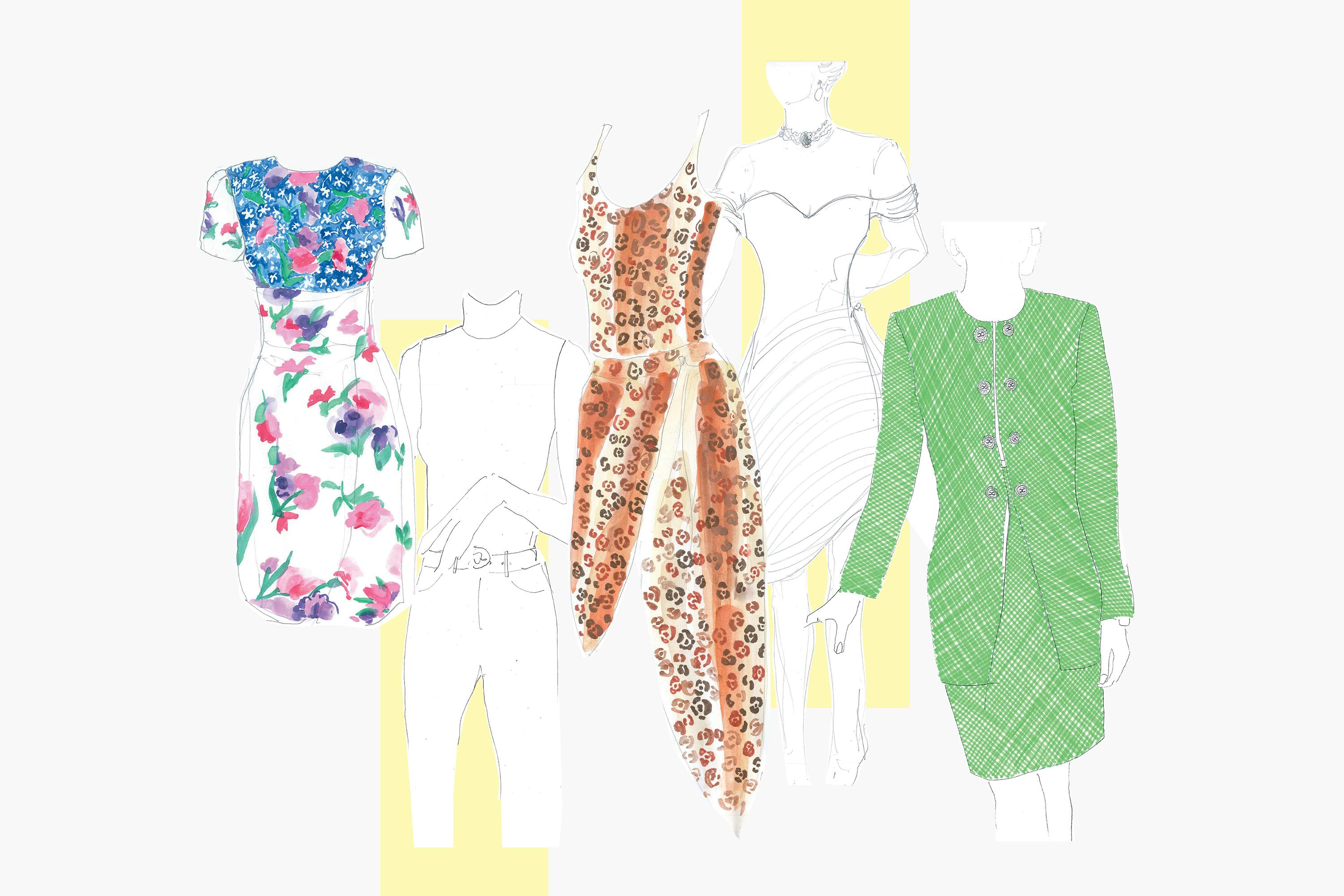Sketches of some of the pieces of Diana’s iconic wardrobe in The Crown. From left to right: a flowered dress, a cheetah print swimsuit and sarong, and a green suit set.