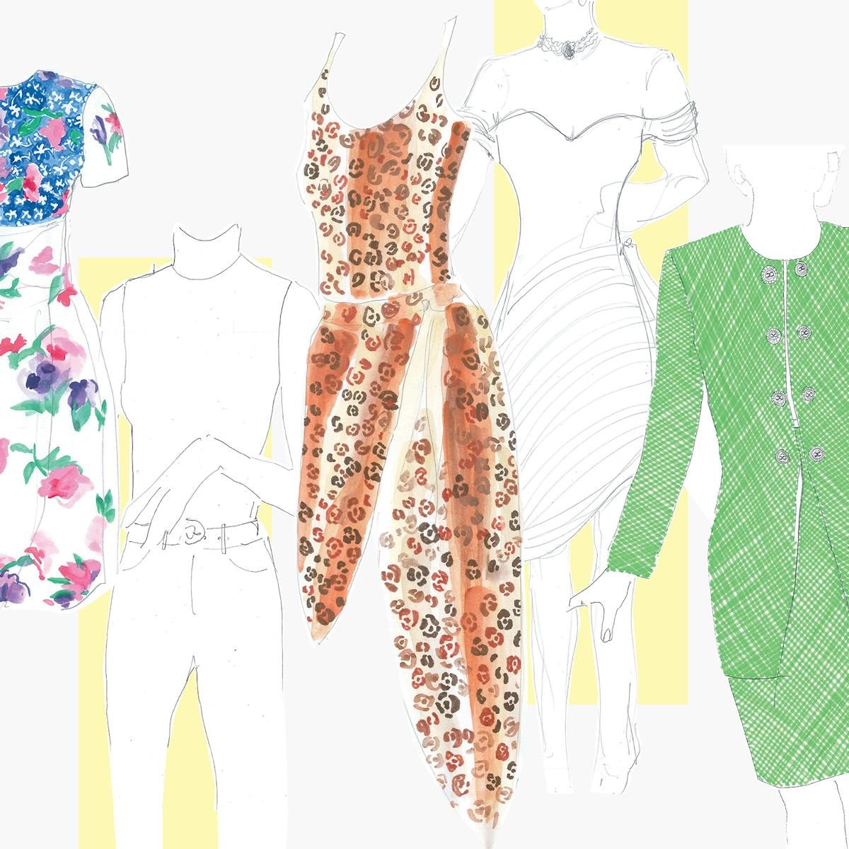 Sketches of some of the pieces of Diana’s iconic wardrobe in The Crown. From left to right: a flower-print dress, a cheetah print swimsuit and sarong, and a green suit set.
