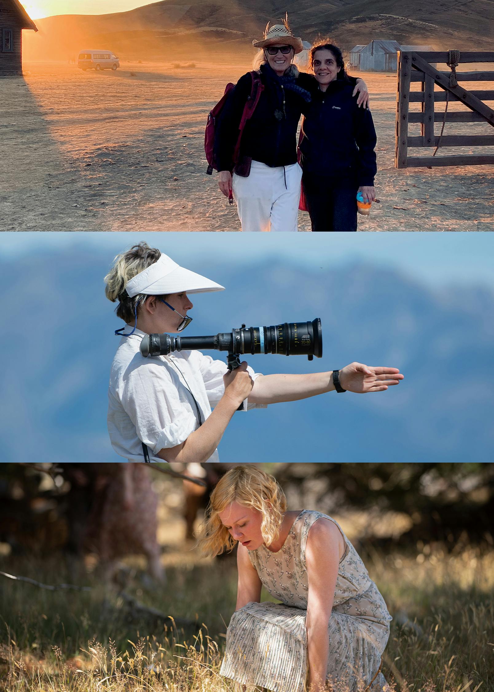 From top to bottom: Jane Campion and Tanya Seghatchian stand on a sunset-lit set; Ari Wegner holds a camera in an all-white outfit including a white visor; Kirsten Dunst wears a floral dress as she kneels in the grass.