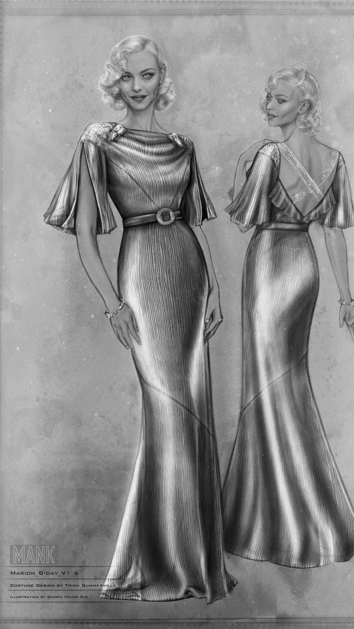 Black-and-white costume sketch of Marion Davies in the gold lamé gown. We see her from two angles, revealing a criss-cross detail over the oufit’s back. The sketch highlights how the dress catches the light, and the liquid quality it evokes even in stillness.