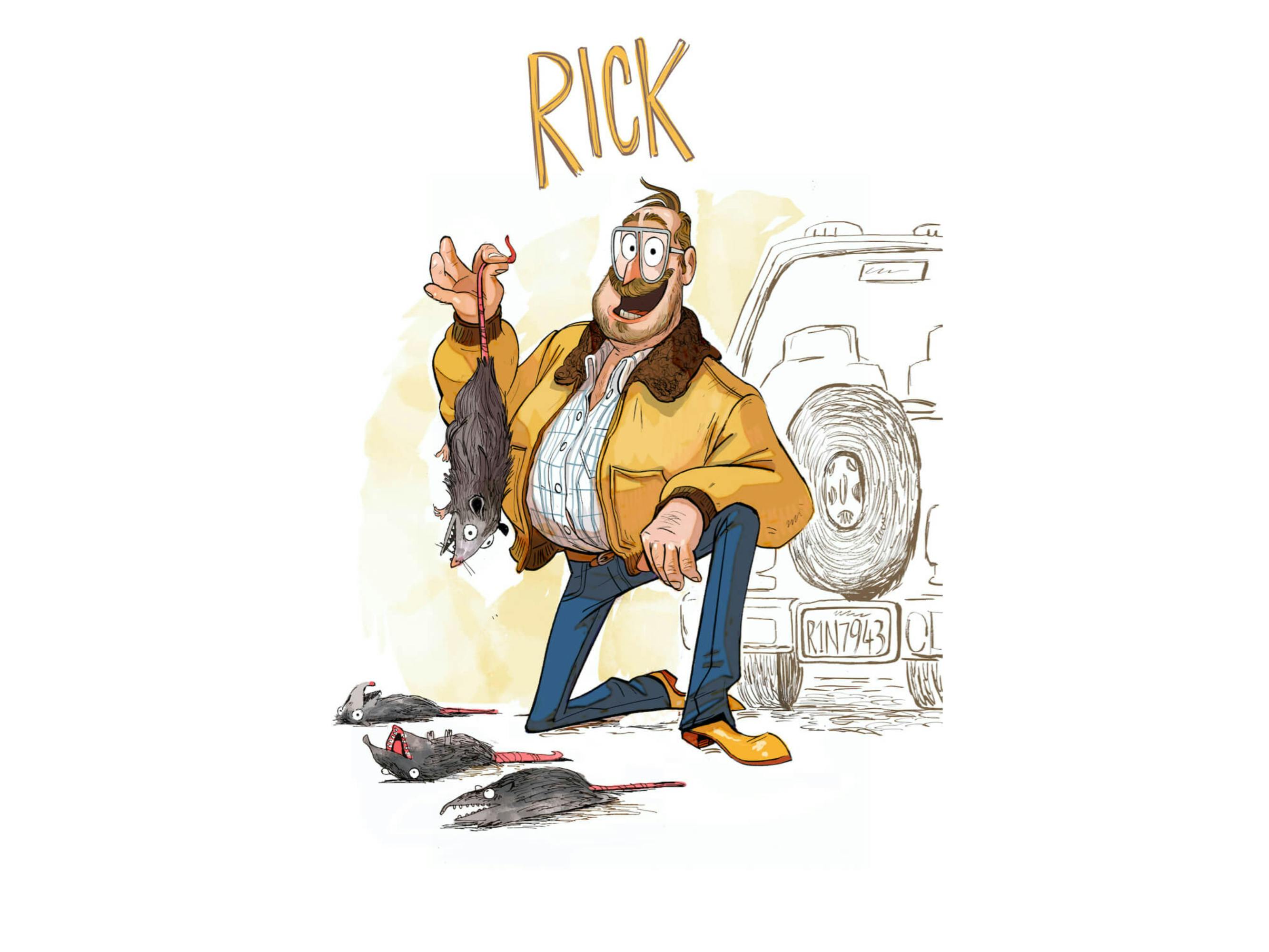 Rick holds a dead rat over three others as he smiles wide. He wears a yellow coat, jeans, and yellow shoes.