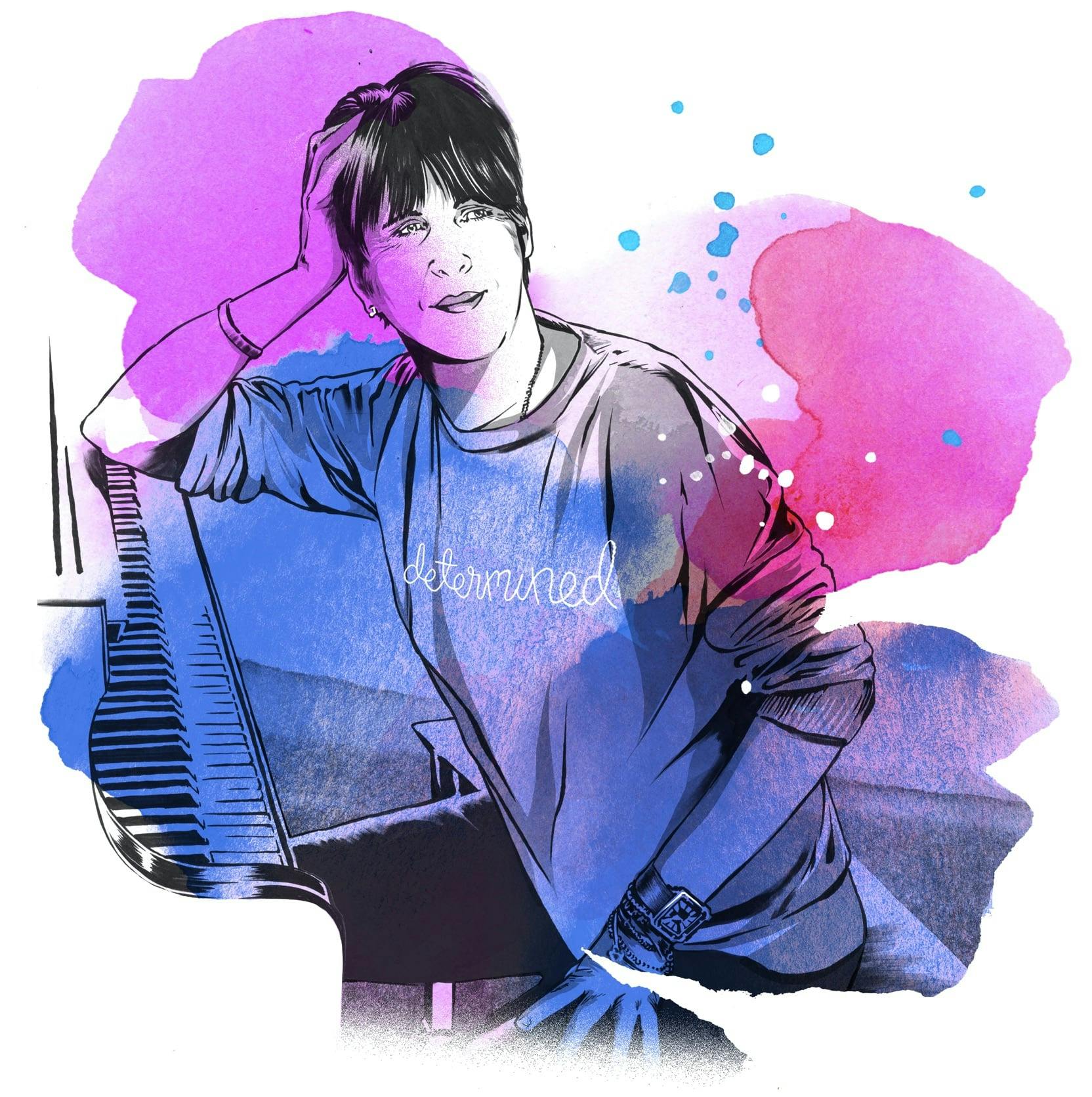 Pencil-sketch illustration of songwriter Diane Warren sitting at a piano, wearing a sweater that reads “determined.” Watercolor detail in pink, purple, and blue.