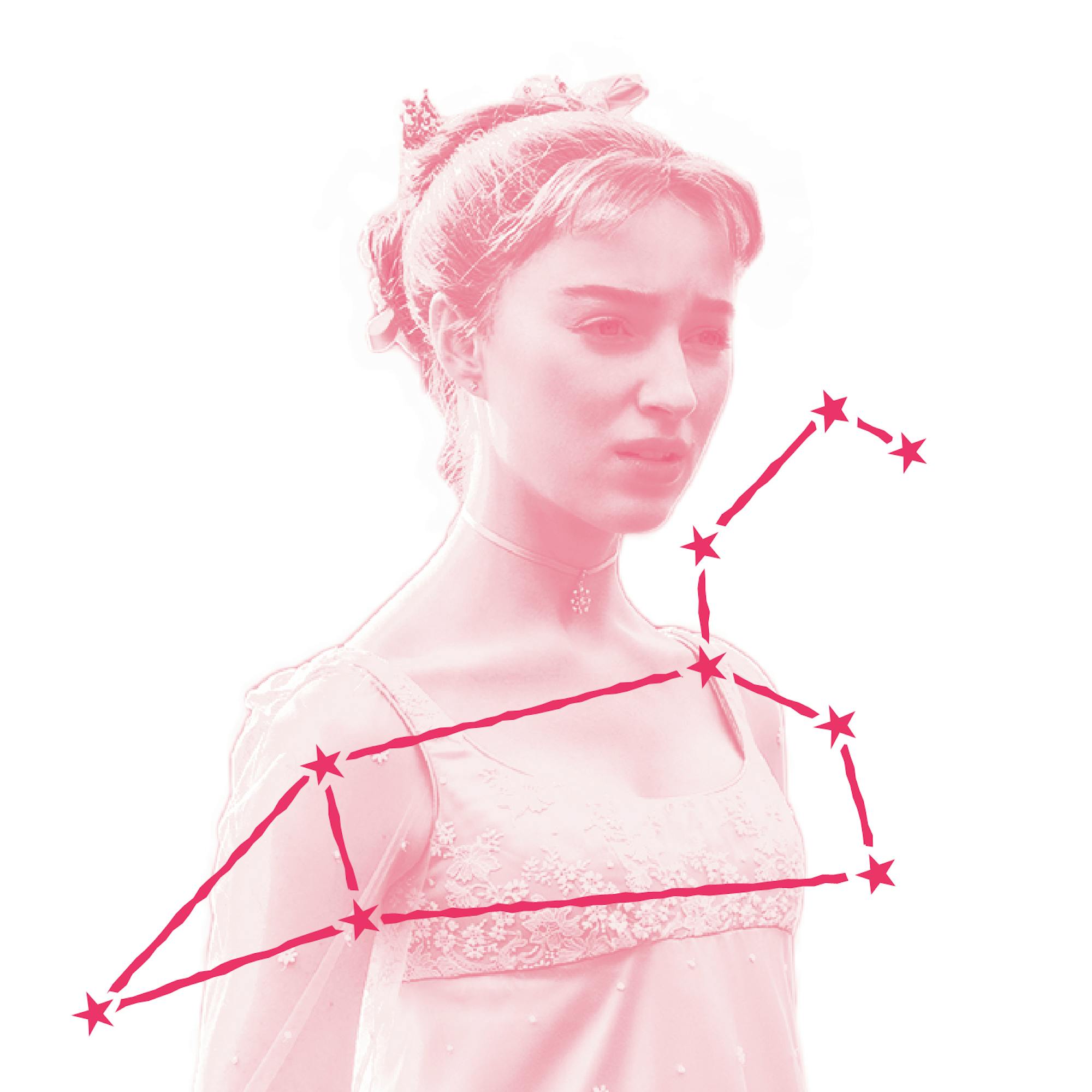 Daphne Bridgerton (played by Phoebe Dynevor) wears the expression of the love-lorn and righteous in this still from Bridgerton. Who in the world do you think she’s brooding over? Over the image is an illustration of Daphne’s zodiac constellation.