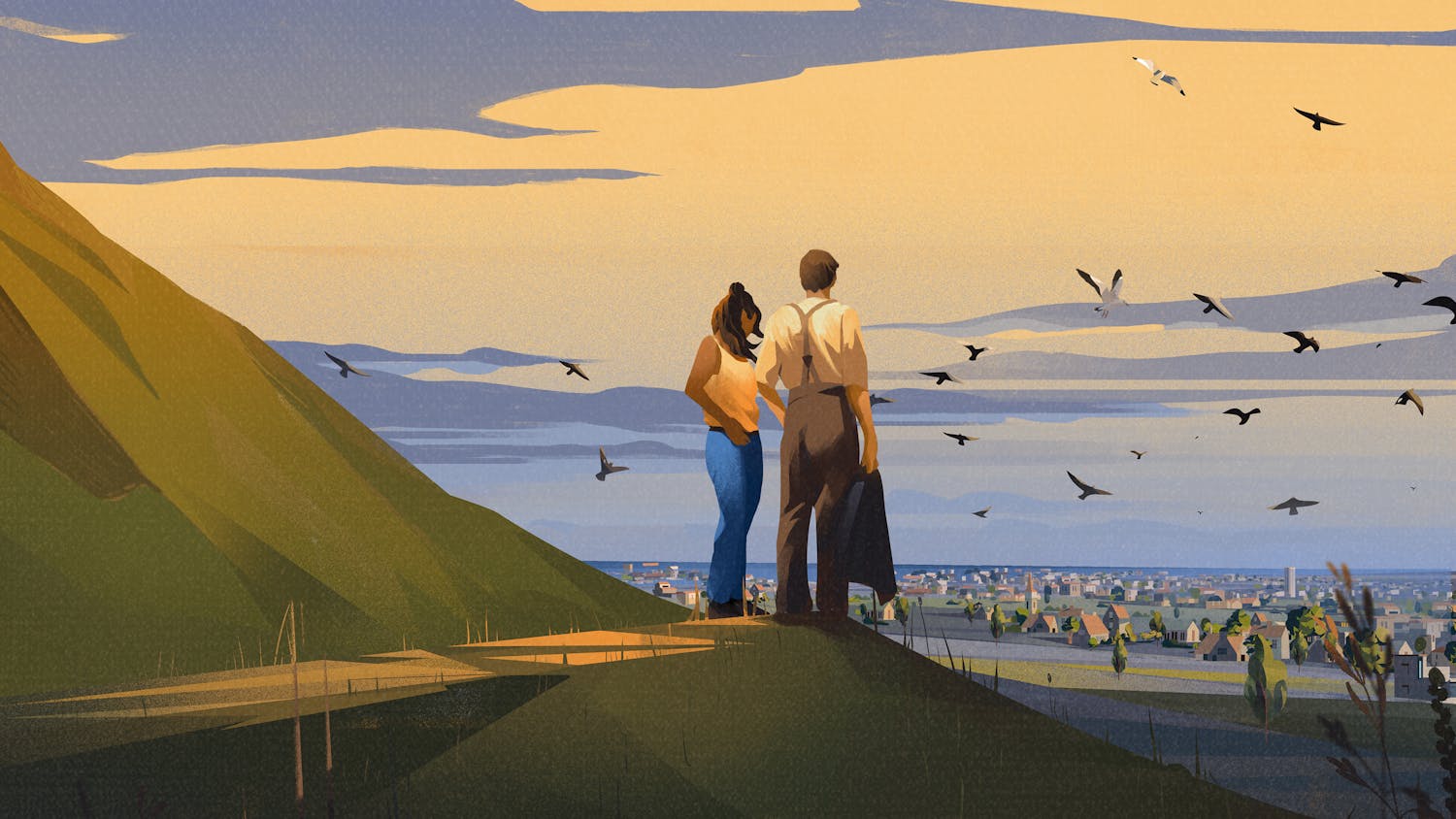 An illustration of Emma and Dexter standing at Arthur’s Seat looking out at the water.