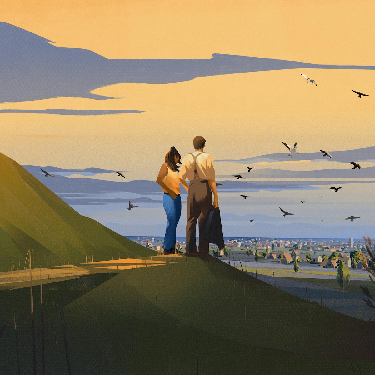 An illustration of Emma and Dexter standing at Arthur’s Seat, looking out at the water.